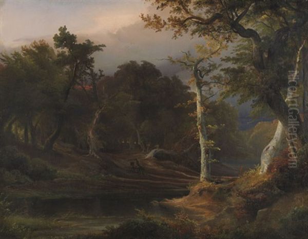 Abendliche Waldlandschaft Mit Reiter Oil Painting by Caspar Johann Nepomuk Scheuren