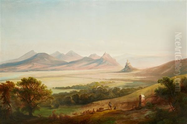 Rhenish Landscape With A View Of The Siebenge Oil Painting by Caspar Johann Nepomuk Scheuren