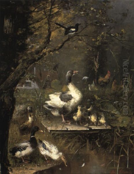 Ducks By The Water's Edge Oil Painting by Wilhelm Scheurer