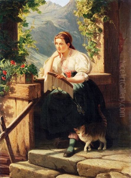 Bauerin Mit Stickerei Und Katze Oil Painting by Joseph Schex