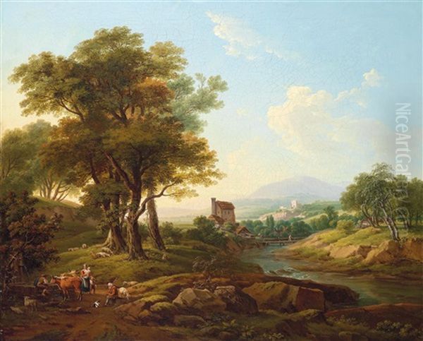 A Southern Landscape Populated By Shepherds Oil Painting by Franz Scheyerer