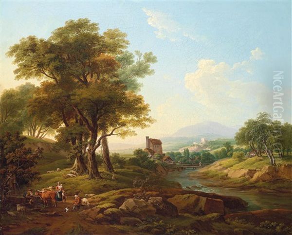 Sudliche Landschaft Mit Hirtenstaffage Oil Painting by Franz Scheyerer