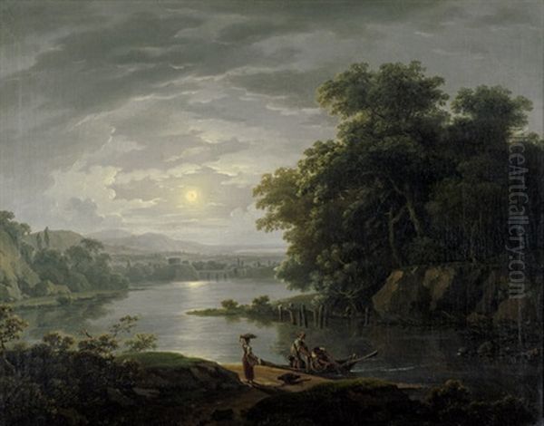 Flusslandschaft Bei Vollmond Oil Painting by Franz Scheyerer