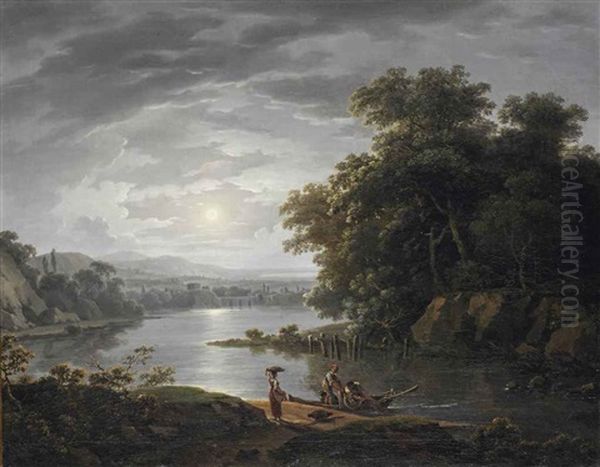 A Moonlit River Landscape With Fishermen Unloading Their Catch Oil Painting by Franz Scheyerer