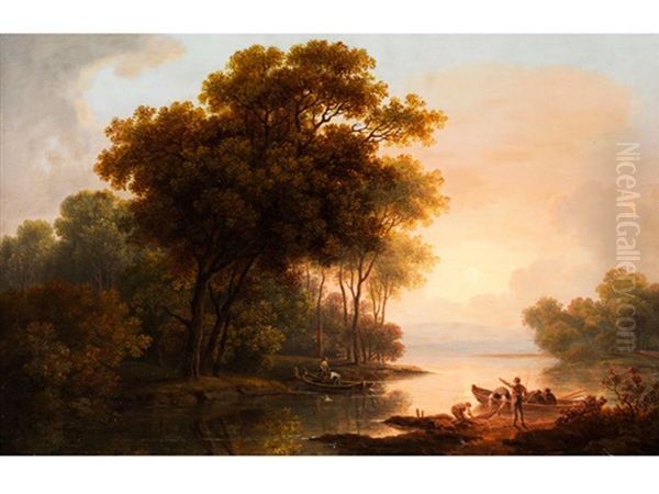 Baumlandschaft Mit Blick Auf Ein Seeufer Im Diesigen Spatlicht Oil Painting by Franz Scheyerer