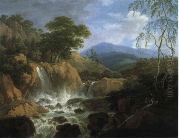 Wildbach In Idyllischer Landschaft Mit Figurlicher Staffage Oil Painting by Franz Scheyerer