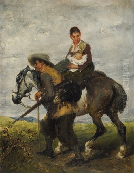 Mutter Mit Kind Auf Pferd, Von Jager Begleitet Oil Painting by Julius Schgoer