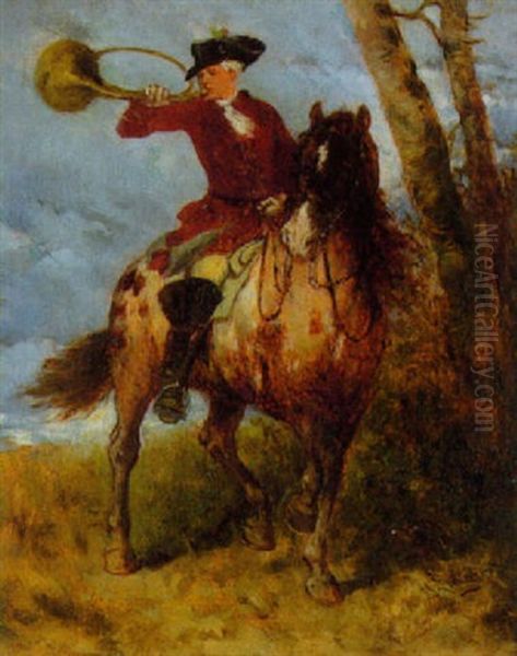 Reiter Mit Jagdhorn Am Waldrand Oil Painting by Julius Schgoer