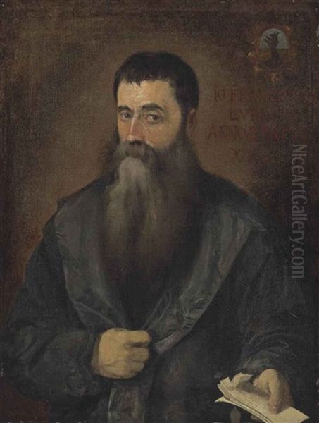 Portrait Of Francisco Lupini, Half-length, Holding Papers Oil Painting by Andrea Schiavone