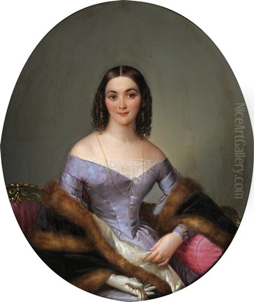 Portrait Of A Lady In A Stole Trimmed With Mink Oil Painting by Felice Schiavoni