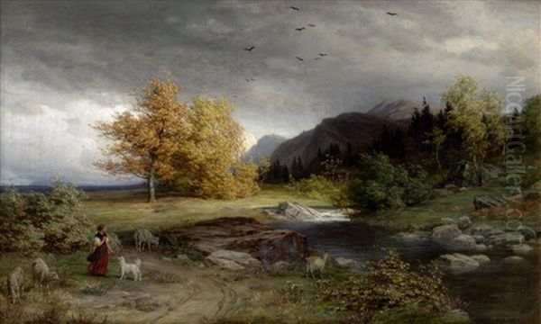 Voralpenlandschaft Bei Aufziehendem Wetter, Im Vordergrund Eine Hirtin Oil Painting by Rudolf Schick