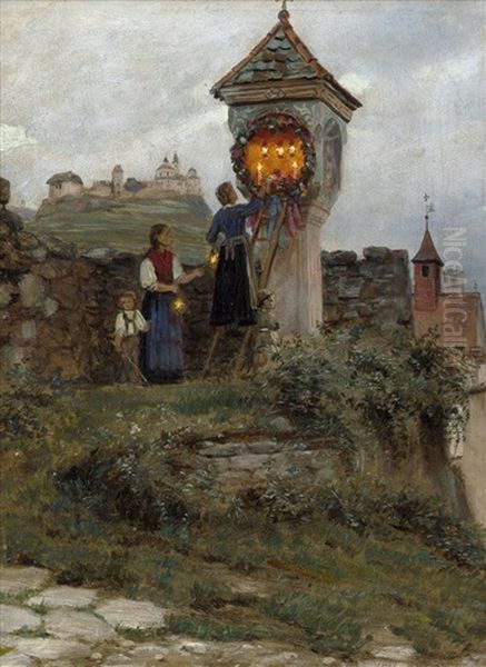 Junge Frauen Bei Einem Bildstock In Klausen, Su Oil Painting by Rudolf Schick