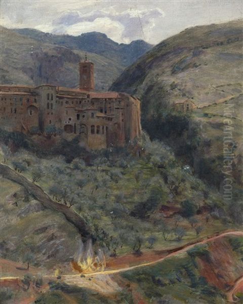 Blick Auf Das Kloster Santa Scolastica Bei Subiaco Oil Painting by Rudolf Schick