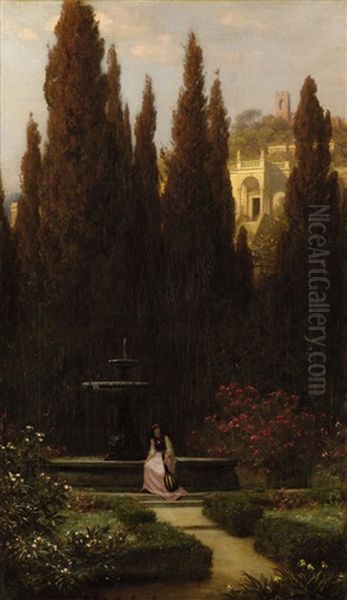 Lautenspielerin Am Brunnen, Im Hintergrund Zypressen Vor Einem Italienischen Palazzo Oil Painting by Rudolf Schick