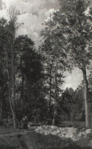 Skovparti Med Kvinde Og Barn, I Baggrunden Kirkespir by Rudolf Schick