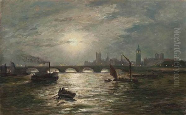 The Houses Of Parliament And Big Ben By Night Oil Painting by Albert Schickedanz