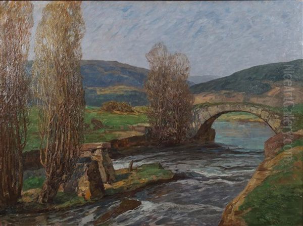 Alblandschaft Mit Steinerner Bogenbrucke Uber Dem Fluss Oil Painting by Karl Schickhardt