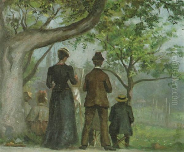 Malschuler Beim Malen In Parklandschaft (englischer Garten In Munchen Mit Blick Auf Die Turme Der Ludwigskirche?) Oil Painting by Fritz Schider