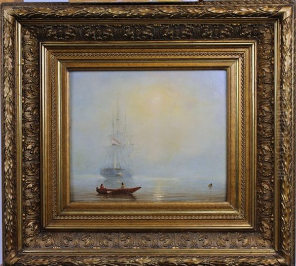 Roeiboot En Een Zeilschip In De Mist Oil Painting by Petrus Paulus Schiedges the Elder