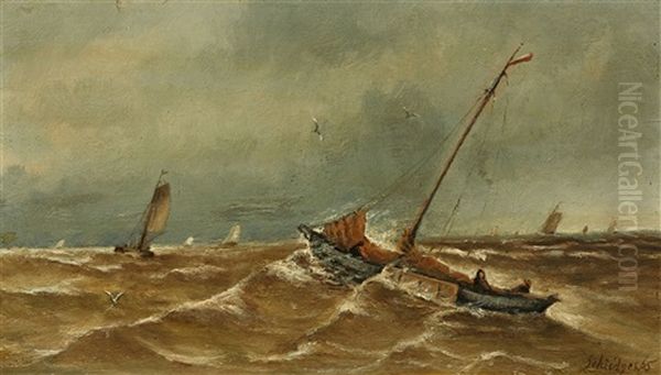 Sailing Ships In Rough Seas Oil Painting by Petrus Paulus Schiedges the Elder