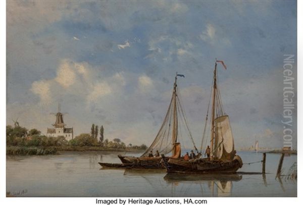 Moored Fishing Boats With Windmills In The Background; Shipping In A Light Breeze (a Pair) Oil Painting by Petrus Paulus Schiedges the Elder