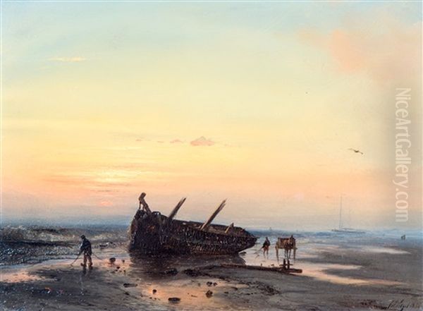 Shell Fishers Near A Shipwreck At Sunset Oil Painting by Petrus Paulus Schiedges the Elder