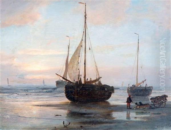 Strand Met Hondenkar En Bomschuiten Na De Visvangst Oil Painting by Petrus Paulus Schiedges the Elder