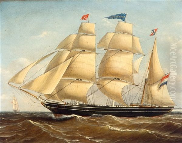 Driemaster Van Kapt. A.w.f. Van Der Meer Van Kuffeler (1827-1865) Oil Painting by Petrus Paulus Schiedges the Elder