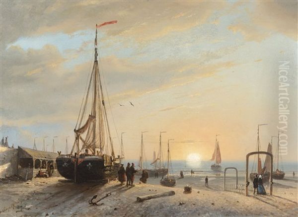 On The Beach At Sunset Oil Painting by Petrus Paulus Schiedges the Elder