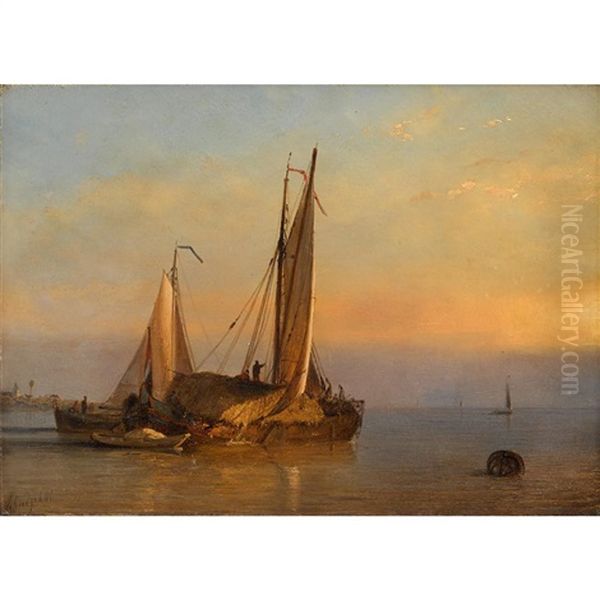 Grain Barges Off The Coast Of East Anglia Oil Painting by Petrus Paulus Schiedges the Elder