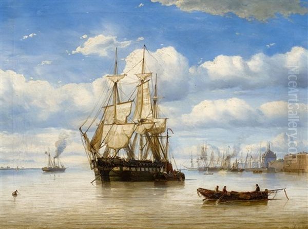 Hafen Mit Dampfern Und Vor Anker Liegendem Segler Oil Painting by Petrus Paulus Schiedges the Elder