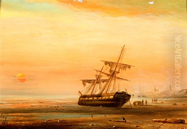 Tweemaster Op Het Strand Bij Ondergaande Zon Oil Painting by Petrus Paulus Schiedges the Elder