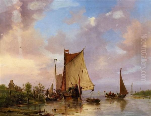 Segler Und Fahrboote An Der Hollandischen Kuste Oil Painting by Petrus Paulus Schiedges the Elder