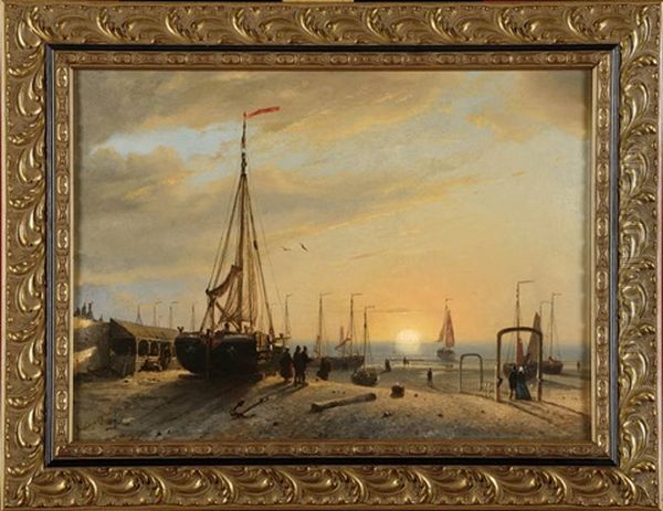 Plage Animee Au Coucher Du Soleil Oil Painting by Petrus Paulus Schiedges the Elder