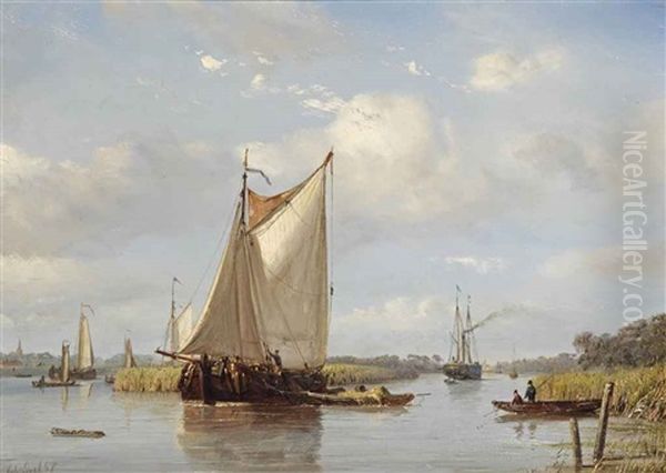 A Summer River Landscape With Flatboats Oil Painting by Petrus Paulus Schiedges the Elder