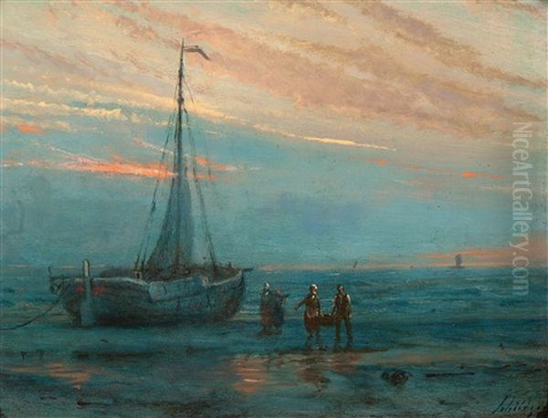 The Unloading Of A Barge At Dusk Oil Painting by Petrus Paulus Schiedges the Elder