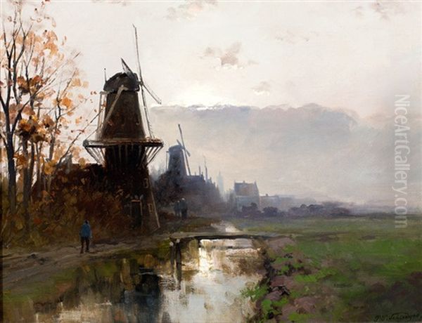 Landschap Met Molens In De Vroege Ochtend Oil Painting by Petrus Paulus Schiedges the Younger