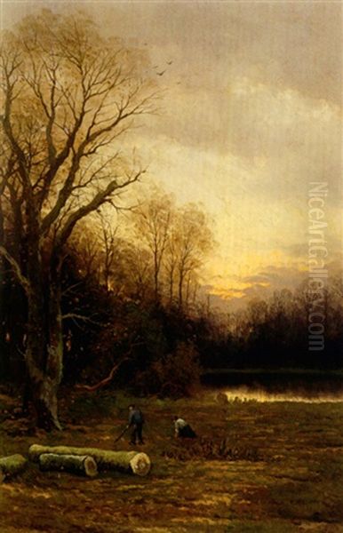 Bauern Bei Der Holzarbeit In Abendlicher Teichlandschaft Oil Painting by Petrus Paulus Schiedges the Younger