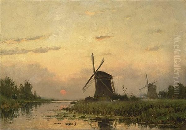 Windmills At Dawn In A Summer Landscape Oil Painting by Petrus Paulus Schiedges the Younger