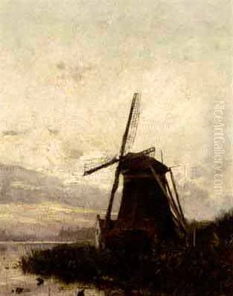 A Windmill In A Polder Landscape Oil Painting by Petrus Paulus Schiedges the Younger