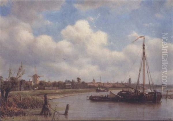 Barges Off The Coast Oil Painting by Petrus Paulus Schiedges the Younger