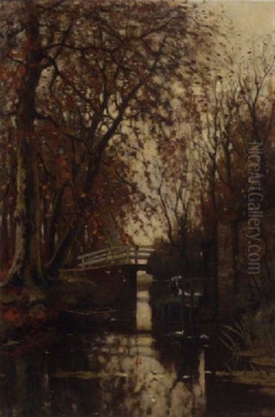 An Autumn Forest With A Washerwoman Near A Bridge Oil Painting by Petrus Paulus Schiedges the Younger