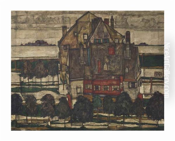 Einzelne Hauser (hauser Mit Bergen) (recto); Monch I (fragment; Verso) Oil Painting by Egon Schiele