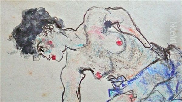 Untitled (study Of A Kneeling Female Nude) Oil Painting by Egon Schiele