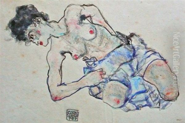 Untitled Study Of A Kneeling Female Nude Oil Painting by Egon Schiele