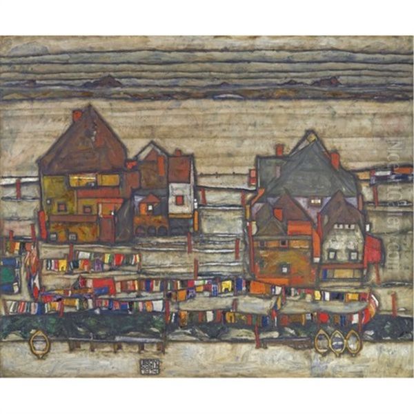 Hauser Mit Bunter Wasche (vorstadt Ii) (houses With Laundry (suburb Ii)) Oil Painting by Egon Schiele