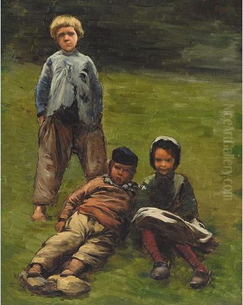 Brothers Seated With Their Sister In A Field Oil Painting by Louis-Maurice Boutet de Monvel