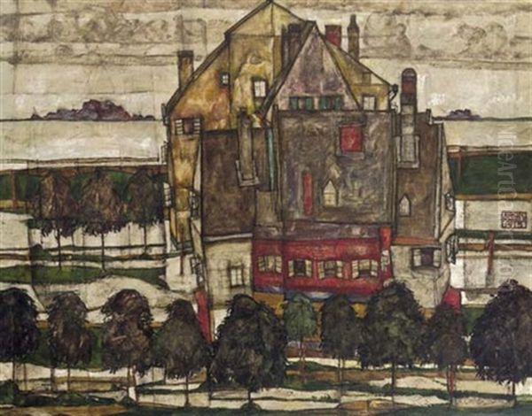 Einzelne Hauser - Hauser Mit Bergen (+ Monk I, Fragment, Verso) Oil Painting by Egon Schiele