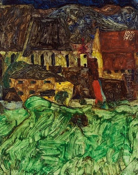 Stadtbild Von Krumau (st. Veit-kirche Mit Hausern) Oil Painting by Egon Schiele