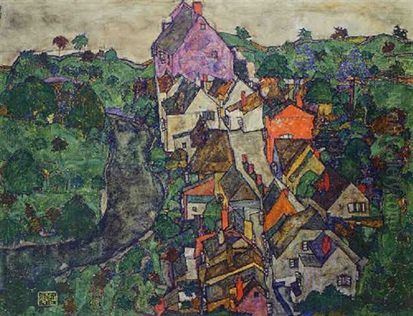 Krumauer Landschaft (stadt Und Fluss) Oil Painting by Egon Schiele